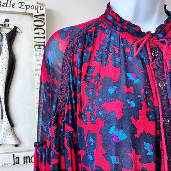 FREE PEOPLE Dopamine Boho Love Letter Oversized Flowy Red Floral Tunic Top Sz M - Picture 5 of 17